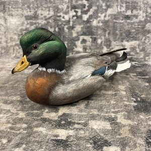 Vtg Carol Burns Signed Hand Carved Wood Mallard Drake Duck Decoy Decor Cabincore
